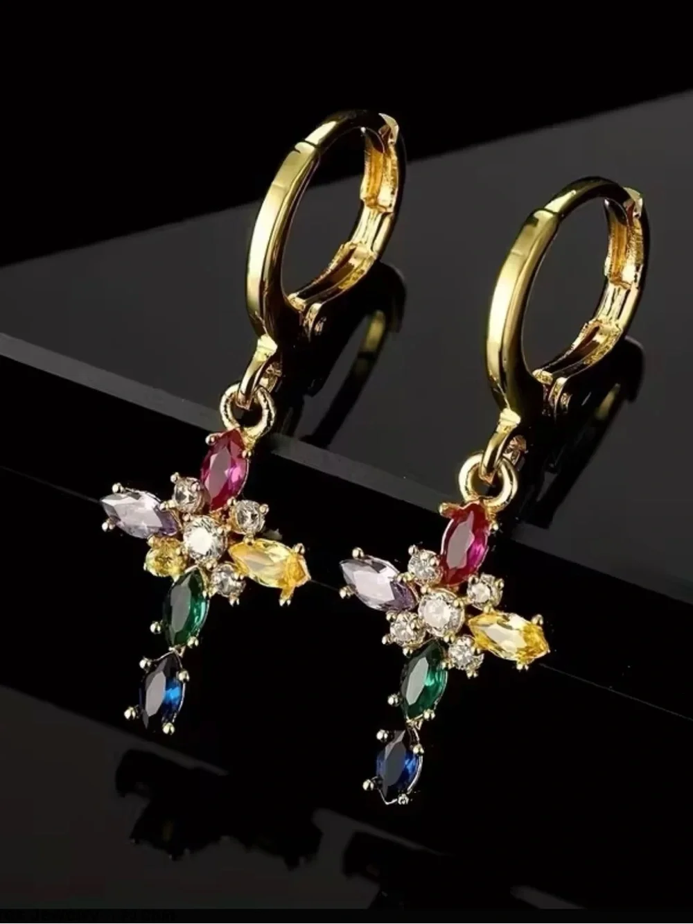 Gold Multicolor Cross CZ Drop Earrings -